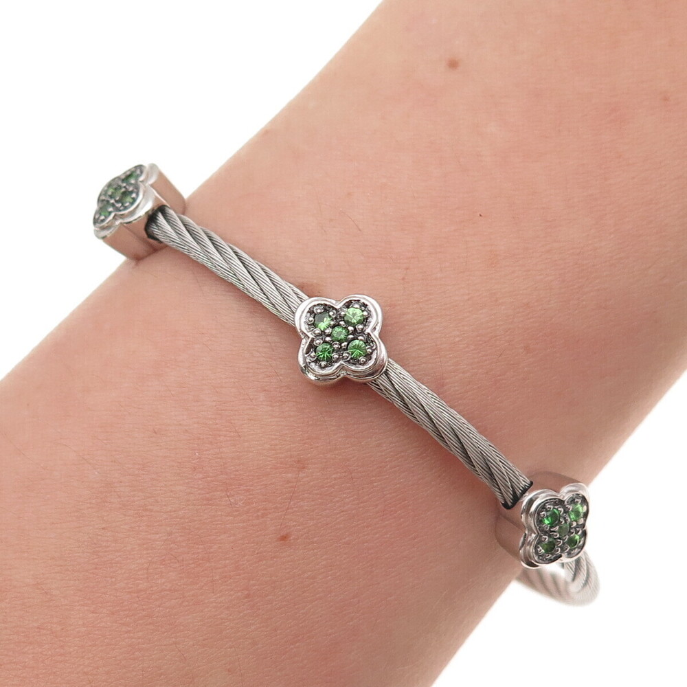 925 Sterling Silver Real Chrome Diopside Floral Station Bracelet 6.75"